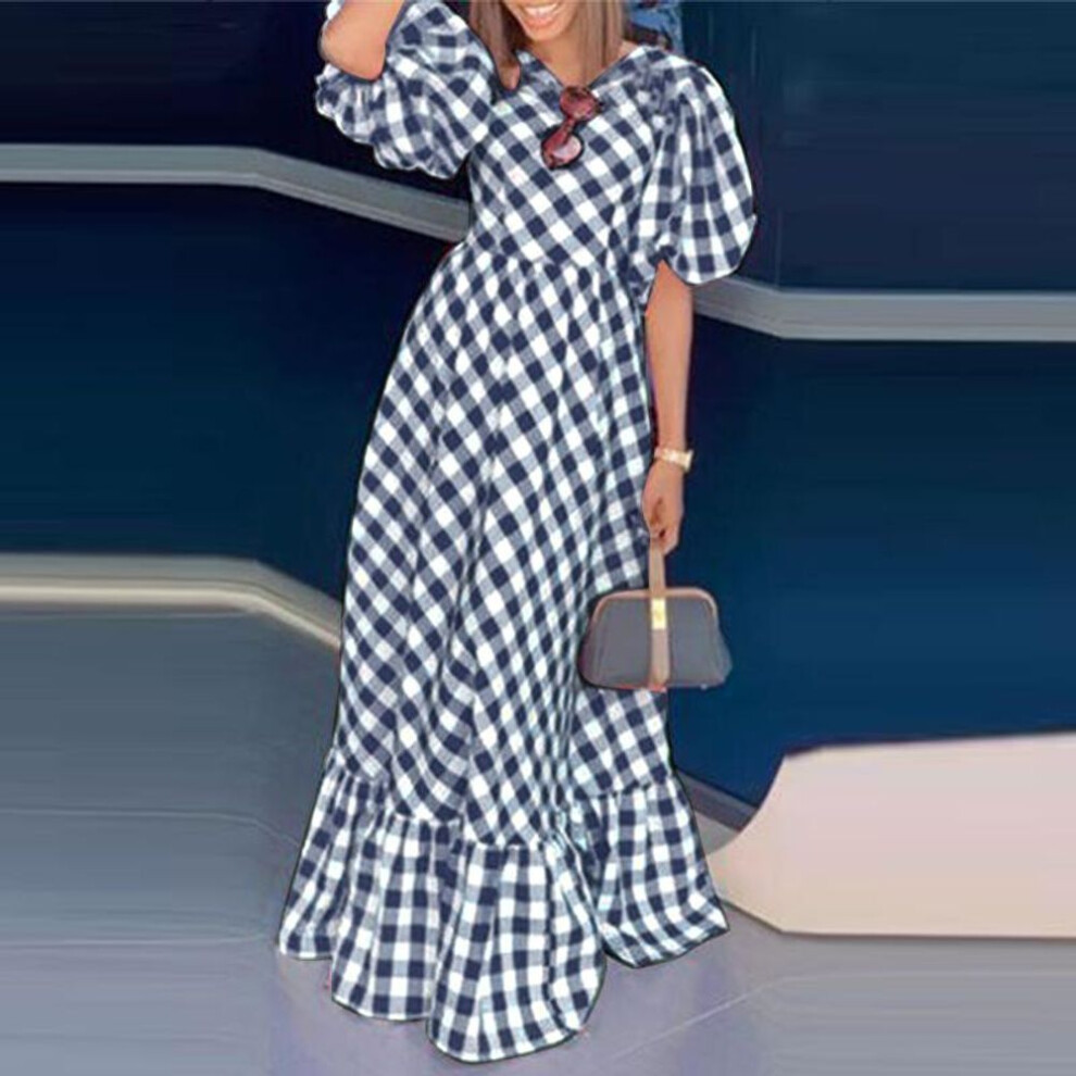 (blue, L) VONDA Women Round Neck Plaid Puff Short Sleeve Ruffle Dresses