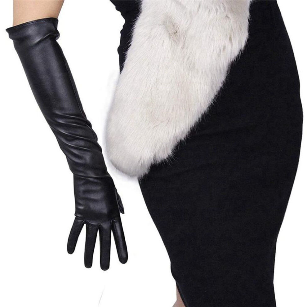 (black, M) 1 Pair Women Long Tube Leather Gloves Elegant Over Elbow Imitation Leather Gloves