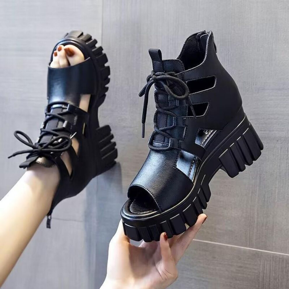 (black, 40) Hollowed-out Women Sandals Breathable Thin Roman Sandals For Women Thick Sole Beach Sandals Women High-heeled Platform Sandals