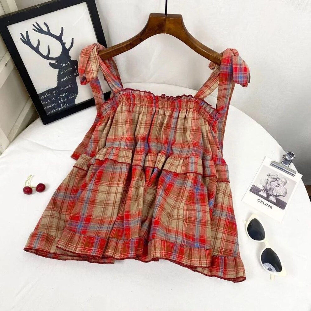 (XL, red) Summer Women's  Vintage Tanks & Camis Lace Up Green Crop Top Plaid Strap Sleeveless Tank Tops Clothes