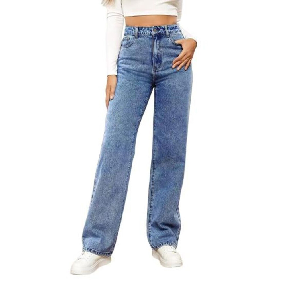 (blue, S) Women Straight Bell-bottom Jeans High Waist Button Zipper Closure Pants Solid Color Denim Trousers With Pockets For Daily Wear Scool Commuting