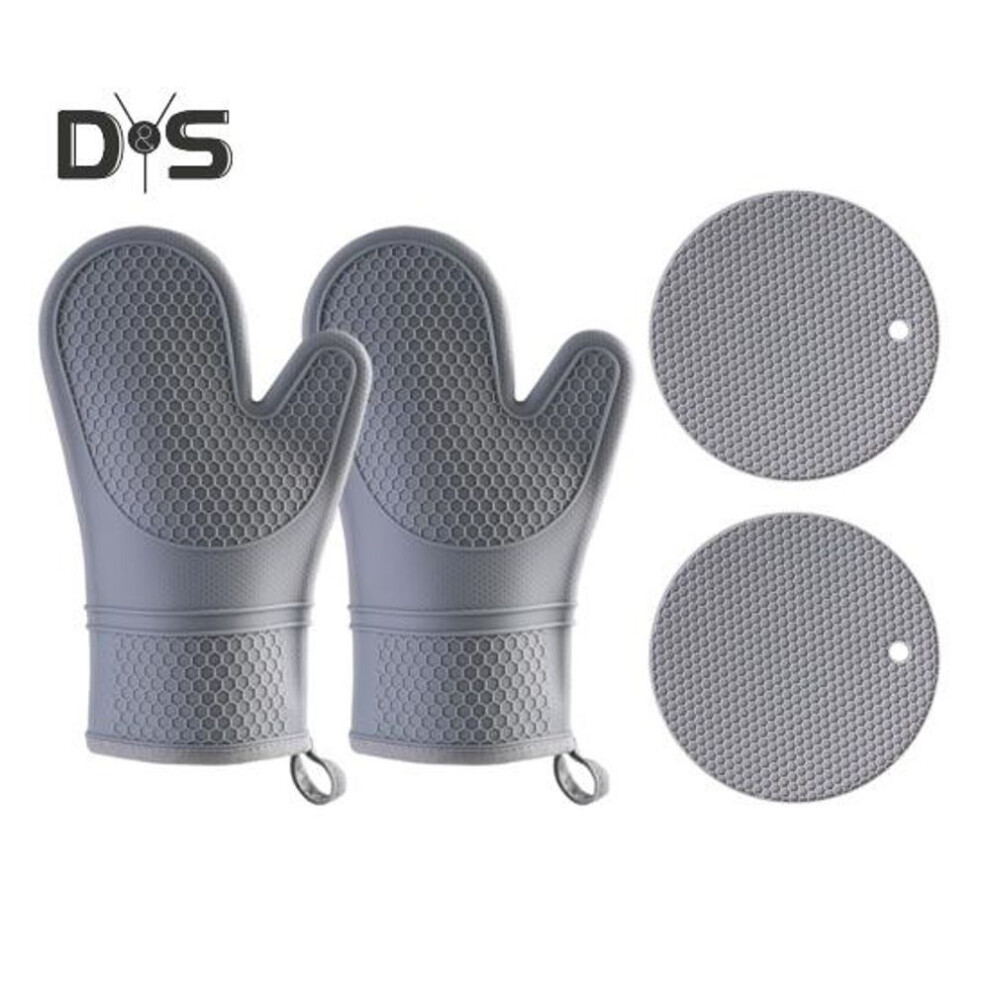 (grey) Silicone Oven Mitts And Pot Holders Set Heat Resistant Insulation Gloves Kitchen Utensil For Cooking Baking Bbq