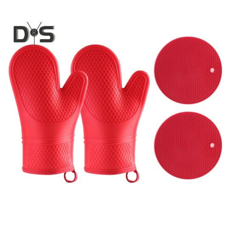 (red) Silicone Oven Mitts And Pot Holders Set Heat Resistant Insulation Gloves Kitchen Utensil For Cooking Baking Bbq
