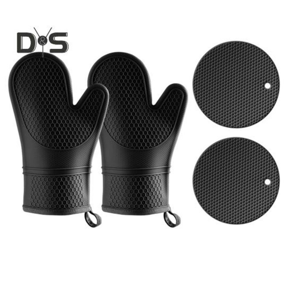 (black) Silicone Oven Mitts And Pot Holders Set Heat Resistant Insulation Gloves Kitchen Utensil For Cooking Baking Bbq