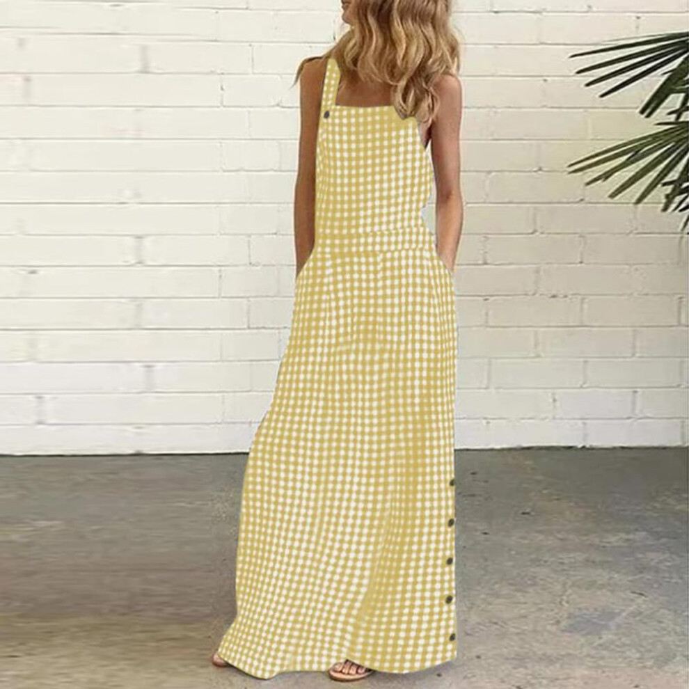 (yellow, 4XL) VONDA Women Summer Off Shoulder Plaid Sleeveless Suspender Dresses