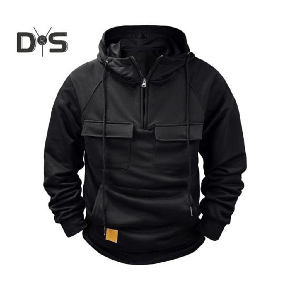 (black, XXL) Fall Spring Men Hoodie Half Zipper Drawstring Long Sleeves Multi Pockets Pure Color Elastic Cuff Hem Pullover Cargo Style Sport Top