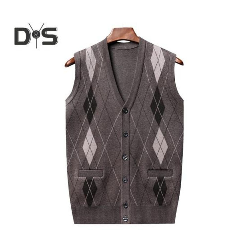 (XXL, camel) Men Autumn Winter Cardigan Sweater Single-breasted V Neck Sleeveless Buttons Color Matching Stretchy Pockets Knitted Vest Mid-aged Male Top
