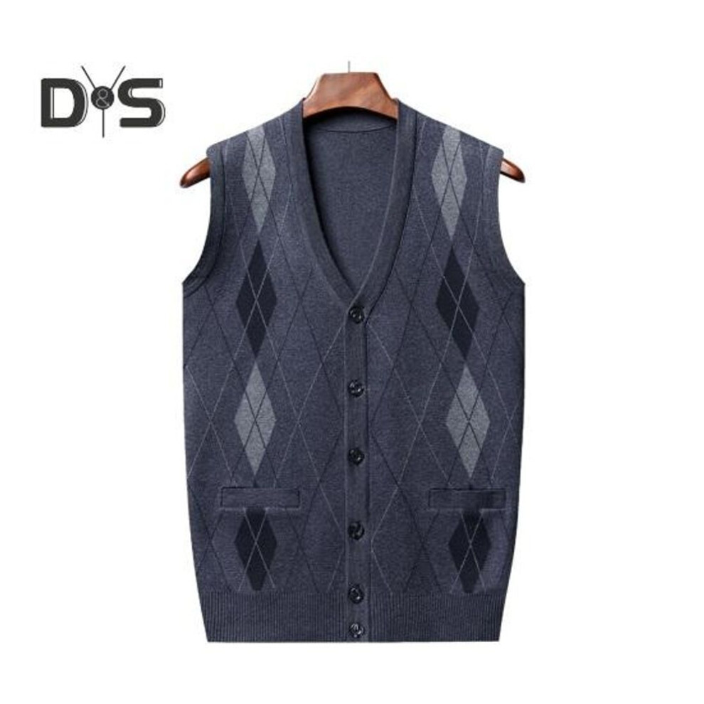 (XL, grey) Men Autumn Winter Cardigan Sweater Single-breasted V Neck Sleeveless Buttons Color Matching Stretchy Pockets Knitted Vest Mid-aged Male Top