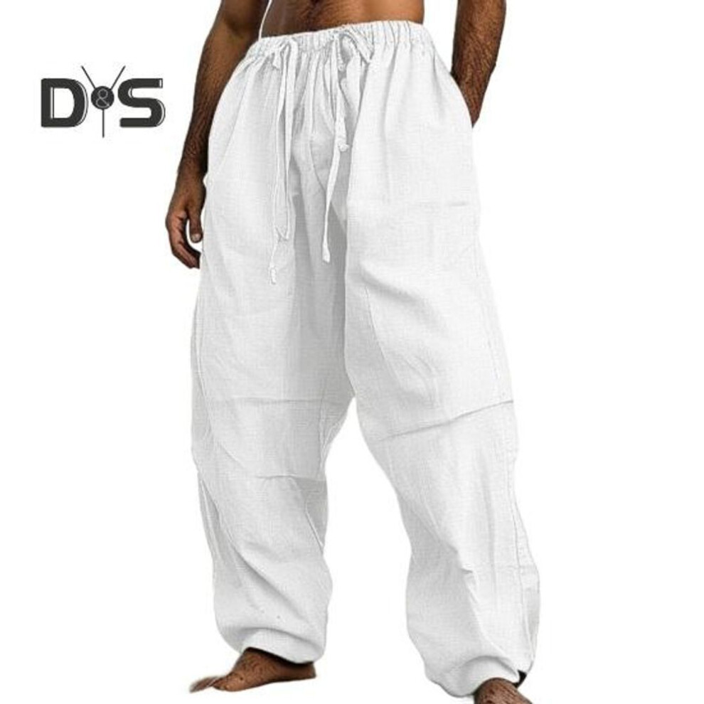 (white, XXL) Men Pants Drawstring Elastic Waist Straight Wide Leg Loose Solid Color Pockets Daily Wear Casual Sport Trousers Long Sweatpants