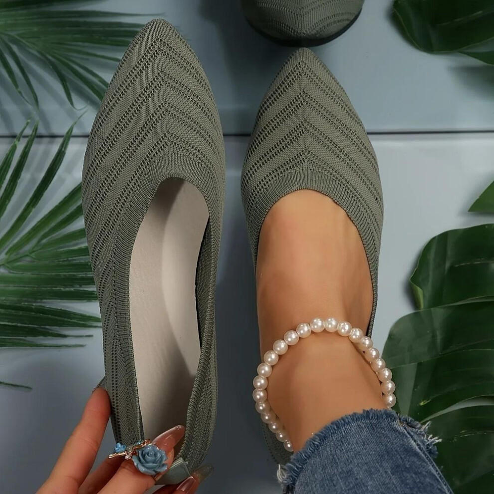(green, 41) Women's Pointed Toe Flat Shoes Solid Color Knitted Slip On Shoes Casual Breathable Flats Women Flat Loafers Comfort Ladies Shoes