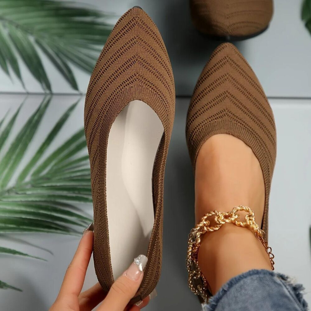(brown, 37) Women's Pointed Toe Flat Shoes Solid Color Knitted Slip On Shoes Casual Breathable Flats Women Flat Loafers Comfort Ladies Shoes