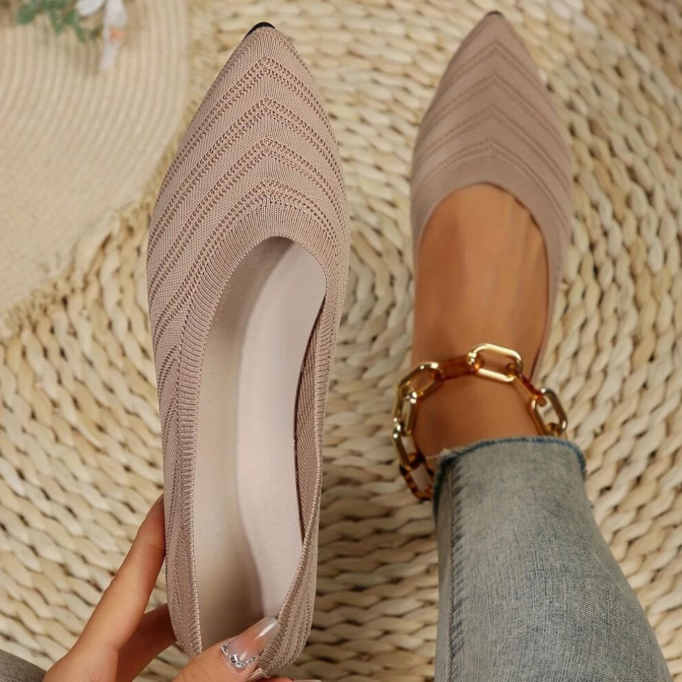 (beige, 36) Women's Pointed Toe Flat Shoes Solid Color Knitted Slip On Shoes Casual Breathable Flats Women Flat Loafers Comfort Ladies Shoes