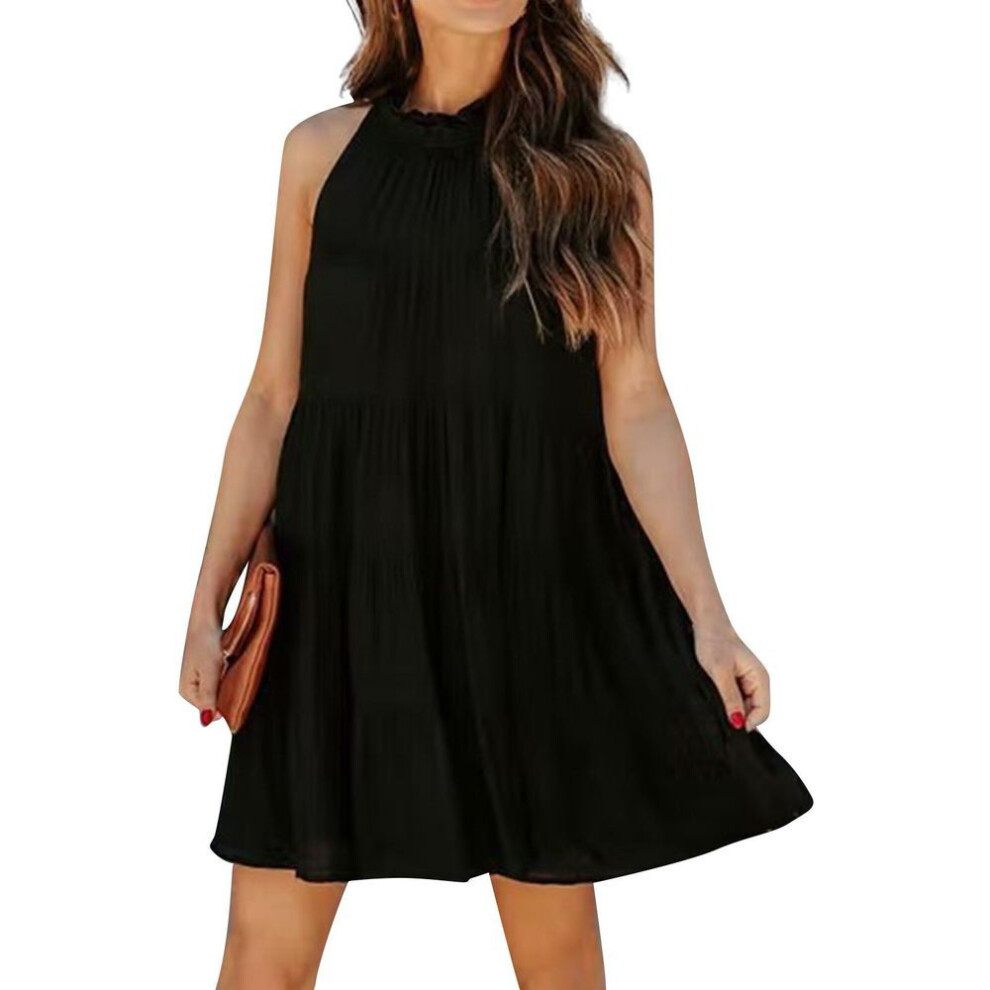 (black, XXXXXL) Women's Dresses Round Neck Wooden Ear Collar Casual Loose Sleeveless Pleated Large Hem Solid Color A-line Dresses