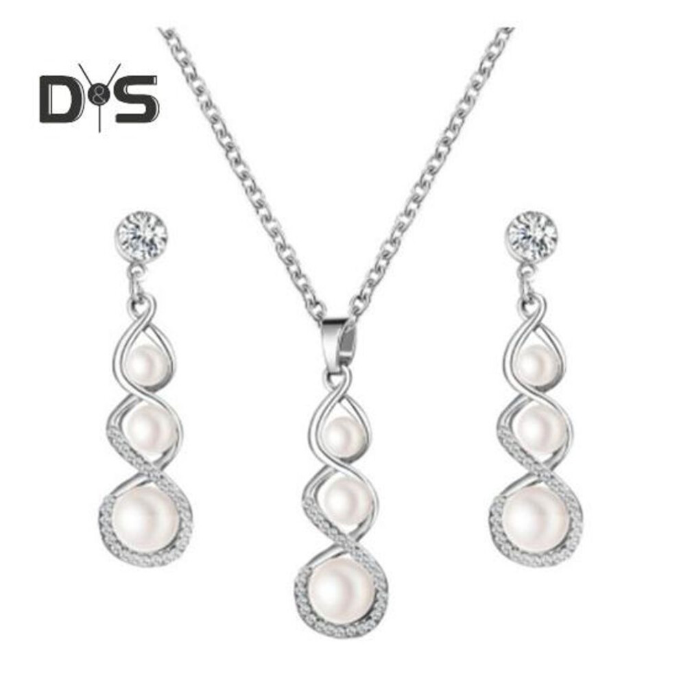 (silver) Luxurious Jewelry Set Romantic Dangle Earrings Necklace Simulated Pearls Fashion Charm Wedding Bridal Bridesmaid Rhinestone Pendant Jewelry