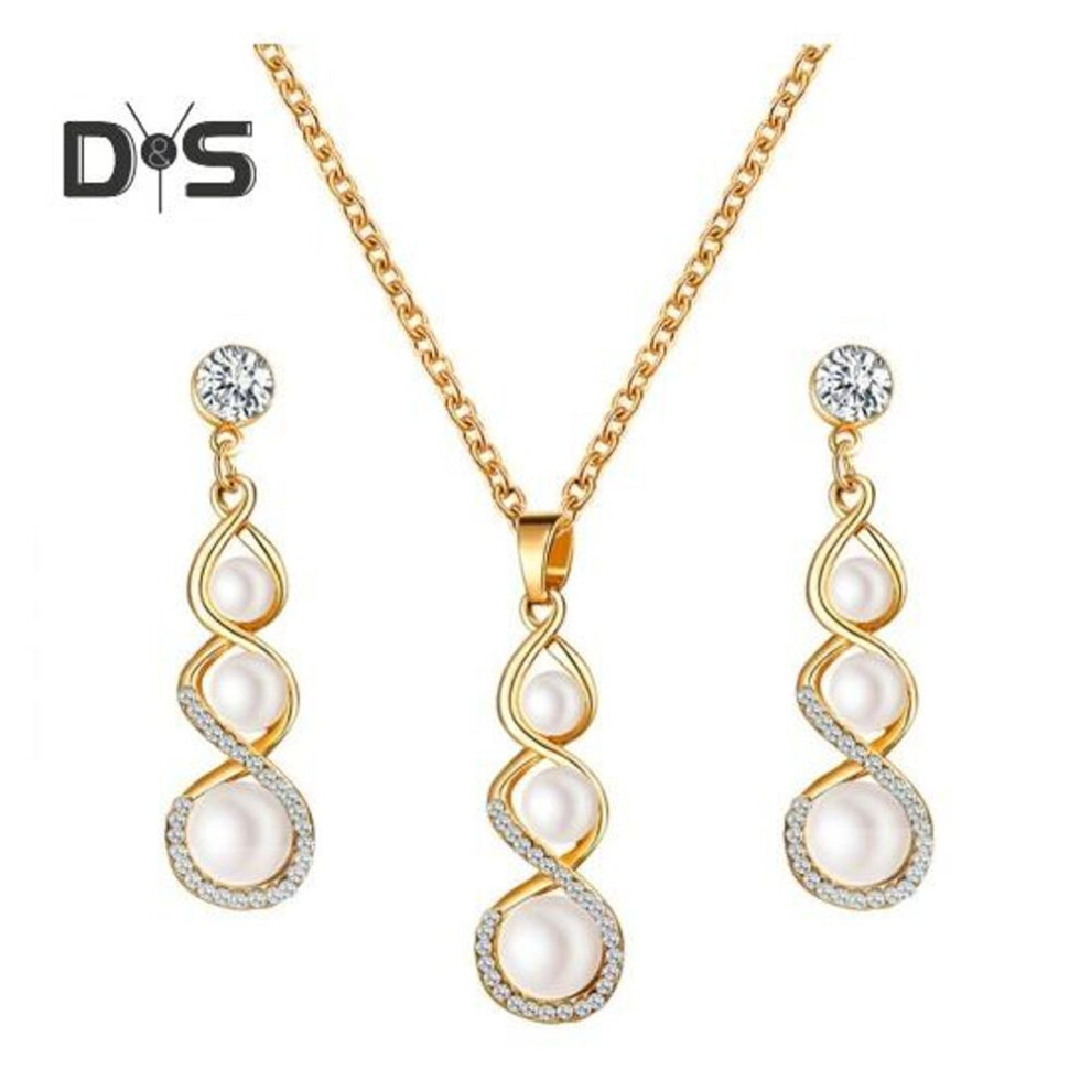 (golden) Luxurious Jewelry Set Romantic Dangle Earrings Necklace Simulated Pearls Fashion Charm Wedding Bridal Bridesmaid Rhinestone Pendant Jewelry