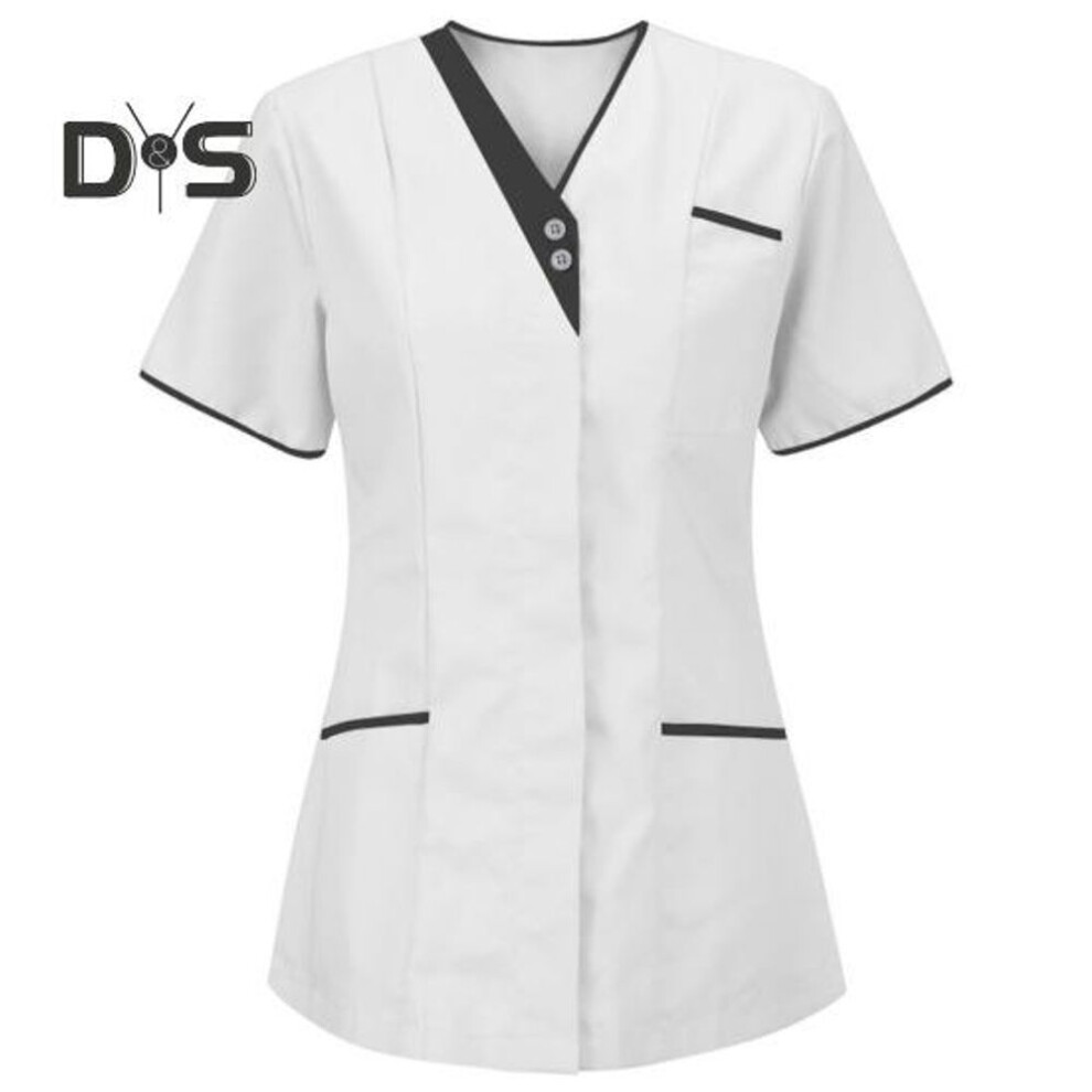 (white, XL) Nurse Uniform Scrubs Tops Women V-neck Short Sleeve Pockets Overalls Uniforms Patchwork Color Nursing Working Tops Workwear