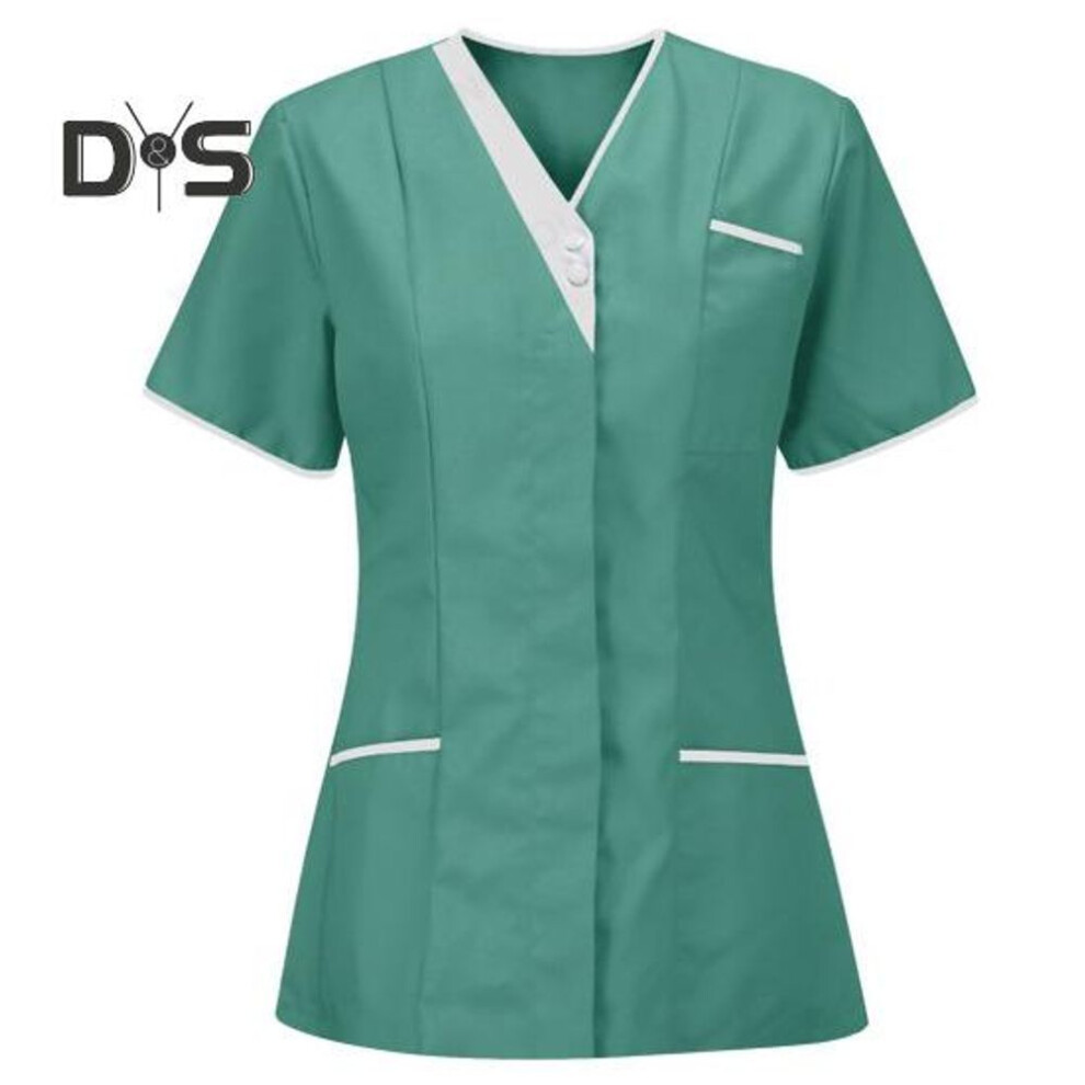 (light green, M) Nurse Uniform Scrubs Tops Women V-neck Short Sleeve Pockets Overalls Uniforms Patchwork Color Nursing Working Tops Workwear