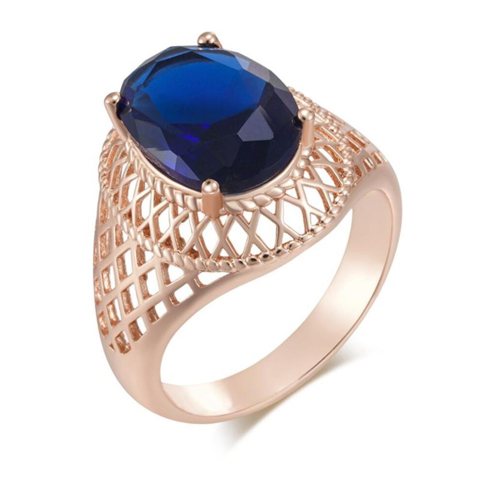 (blue, 7) Mesh Texture Golden Large Rings Oval Blue Zircon Women Rings Wedding Party Vintage Luxury Jewelry Ethnic Style Women Accessories