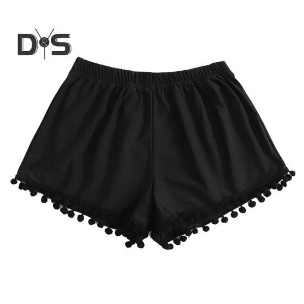 (black, M) Women Beach Shorts See-through Thin Solid Color High Elastic Waist Quick Dry Plush Ball Decor Bikini Cover-up Shorts Summer Sport Jogging Shorts