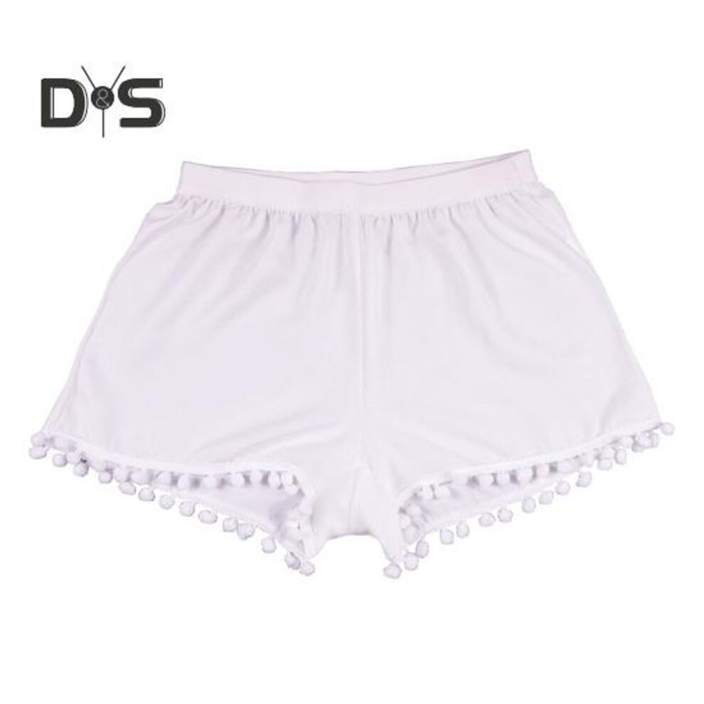 (white, L) Women Beach Shorts See-through Thin Solid Color High Elastic Waist Quick Dry Plush Ball Decor Bikini Cover-up Shorts Summer Sport Jogging Shorts