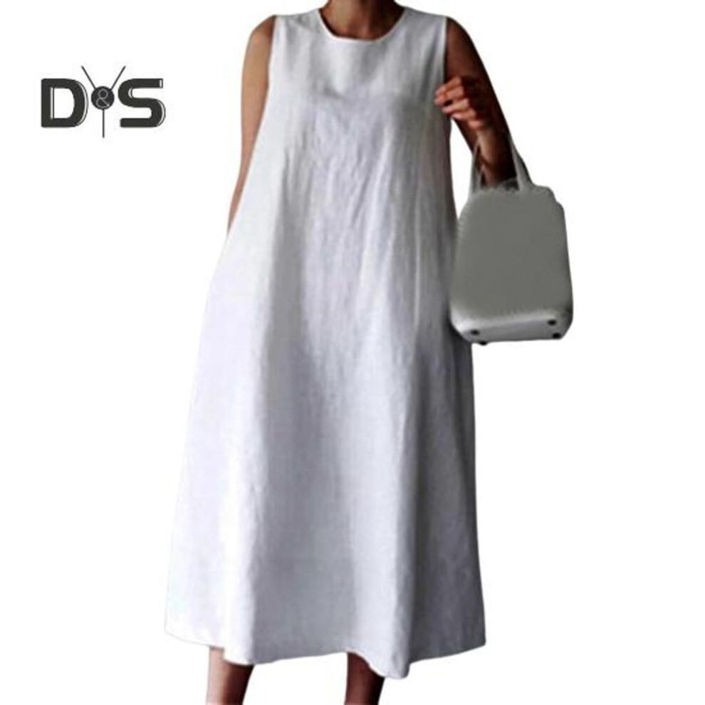 (white, L) Women Summer Dress O Neck Loose A-line Sleeveless Solid Color Mid-calf Length Soft Breathable Casual Pockets Plus Size Lady Midi Dress