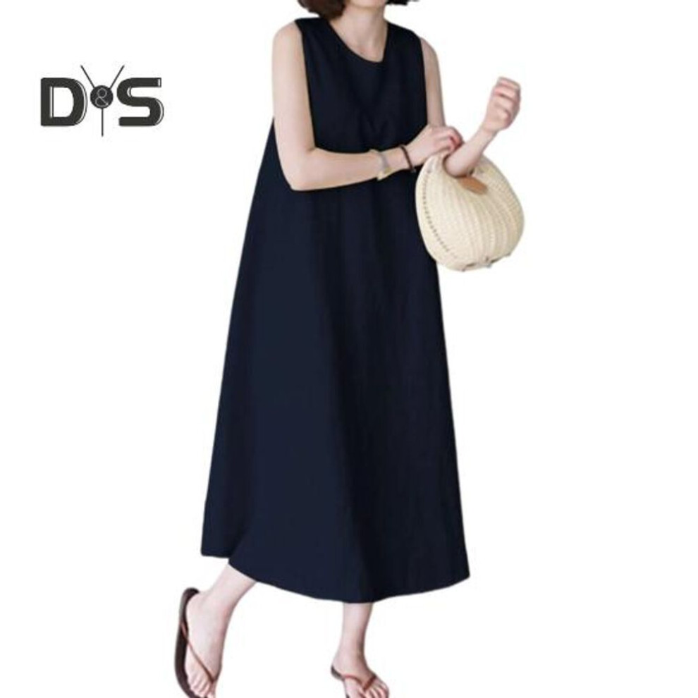 (navy blue, 2XL) Women Summer Dress O Neck Loose A-line Sleeveless Solid Color Mid-calf Length Soft Breathable Casual Pockets Plus Size Lady Midi Dress