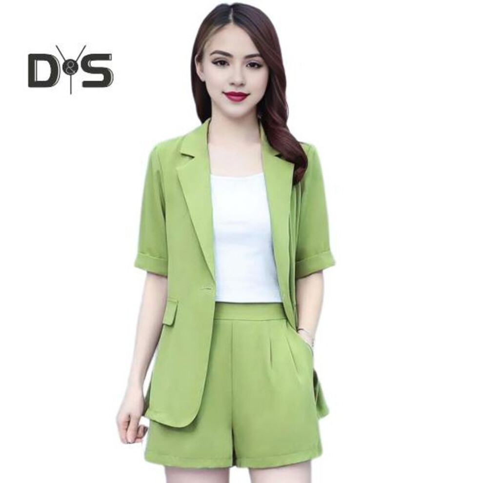 (green, L) 2 Piece Women Casual Outfit Lapel Short Sleeve Blazer Shorts Solid Color OL Style Single Button Blazer Shorts Set Elegant Office Suit