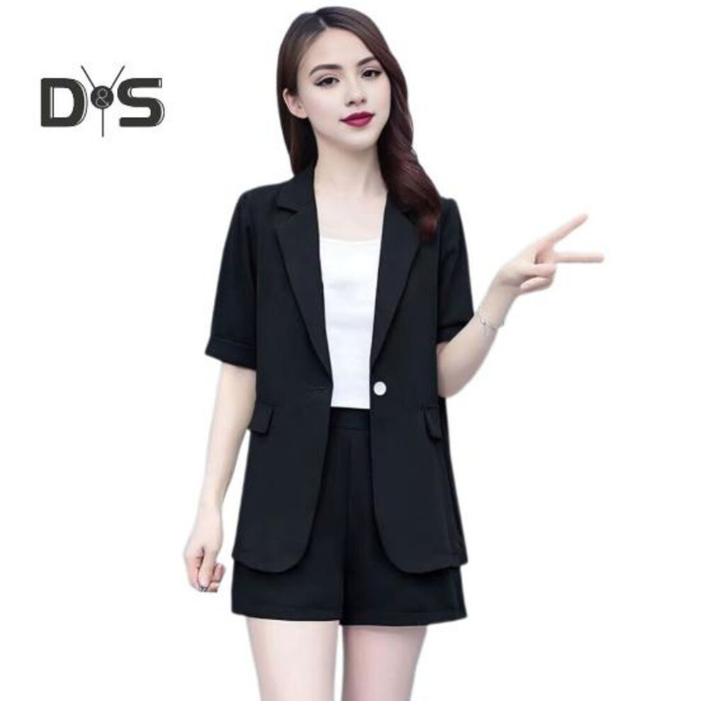 (black, M) 2 Piece Women Casual Outfit Lapel Short Sleeve Blazer Shorts Solid Color OL Style Single Button Blazer Shorts Set Elegant Office Suit