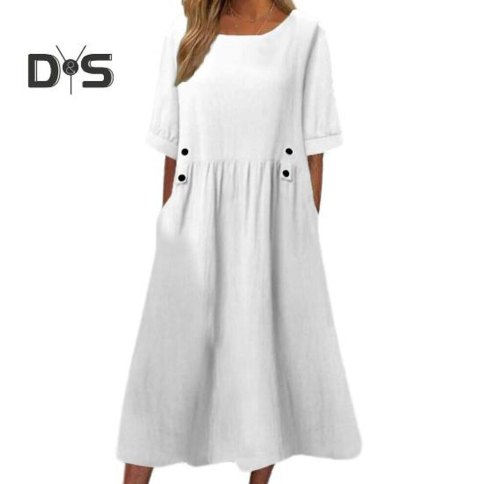 (white, L) Women Summer Dress O Neck Loose A-line Short Sleeves Solid Color Pockets Button Decor Pleated Mid-calf Length Midi Dress