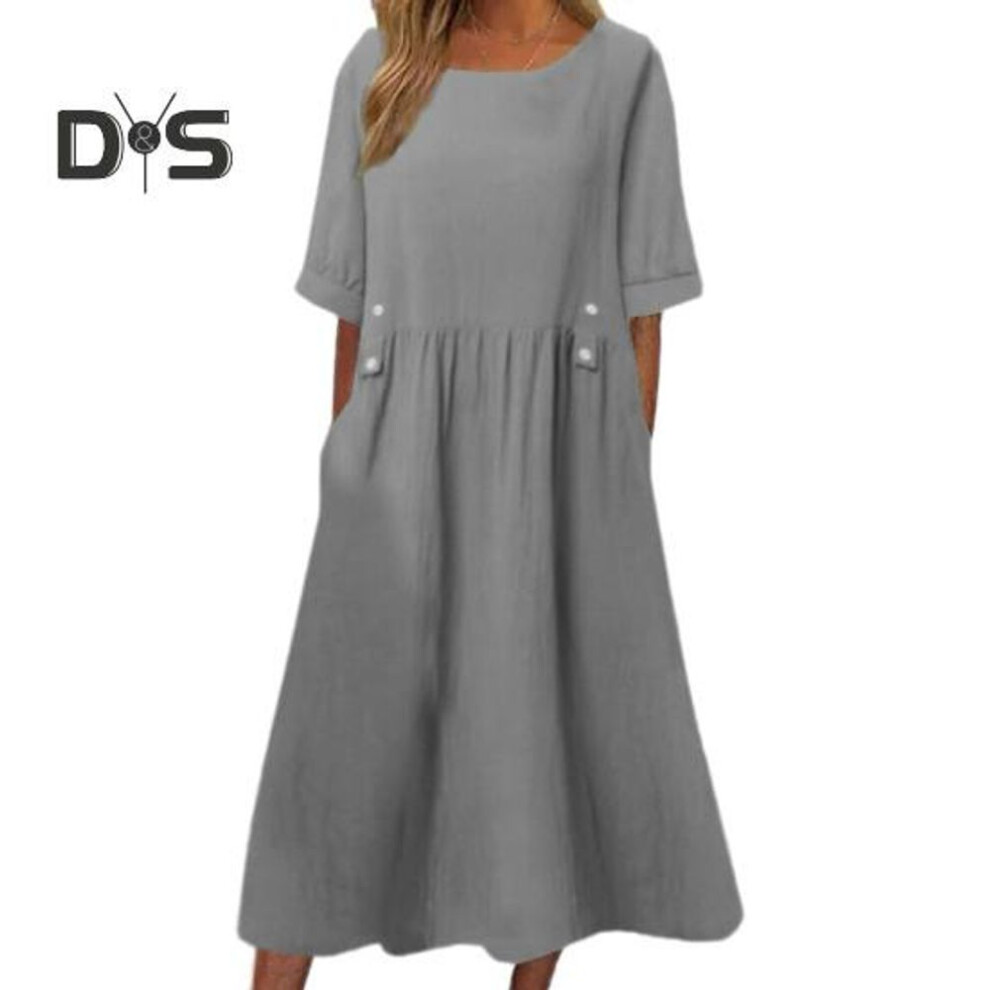 (grey, 2XL) Women Summer Dress O Neck Loose A-line Short Sleeves Solid Color Pockets Button Decor Pleated Mid-calf Length Midi Dress