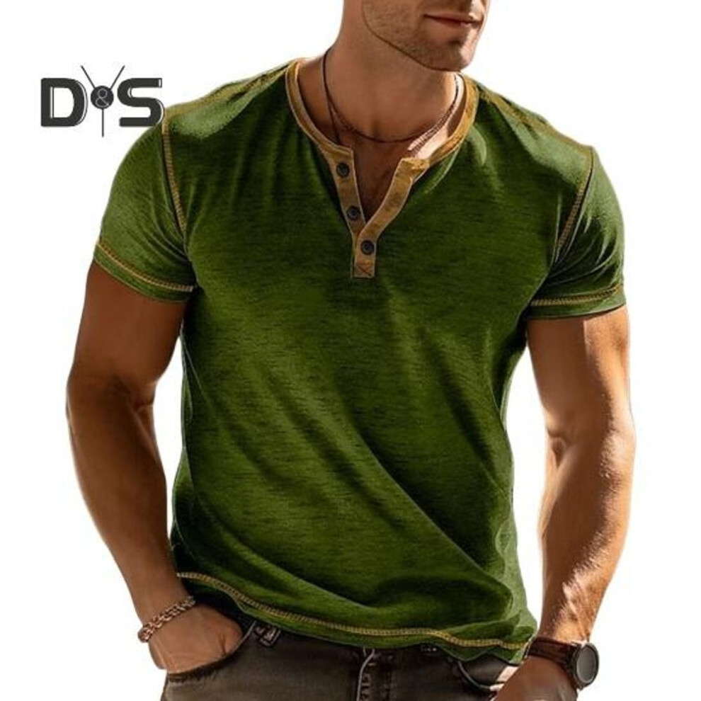 (fluorescent green, XL) Men Summer T-shirt Solid Color Slim Fit Button V Neck Elastic Soft Breathable Casual Pullover Short Sleeves Mid Length Daily Top