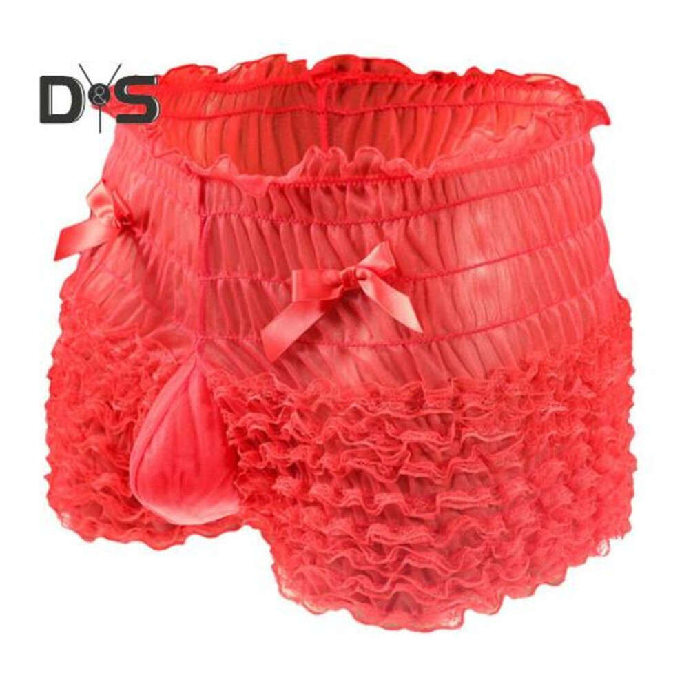 (red) Men Sexy High Waist Underwear Mesh Lace Shorts Panties With Bowknot Decor Solid Color High Waist Panties