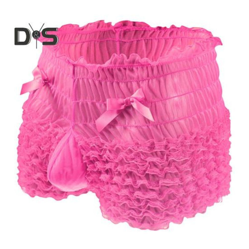 (rose red) Men Sexy High Waist Underwear Mesh Lace Shorts Panties With Bowknot Decor Solid Color High Waist Panties