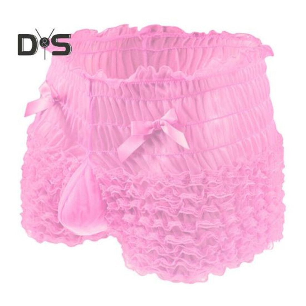 (pink) Men Sexy High Waist Underwear Mesh Lace Shorts Panties With Bowknot Decor Solid Color High Waist Panties