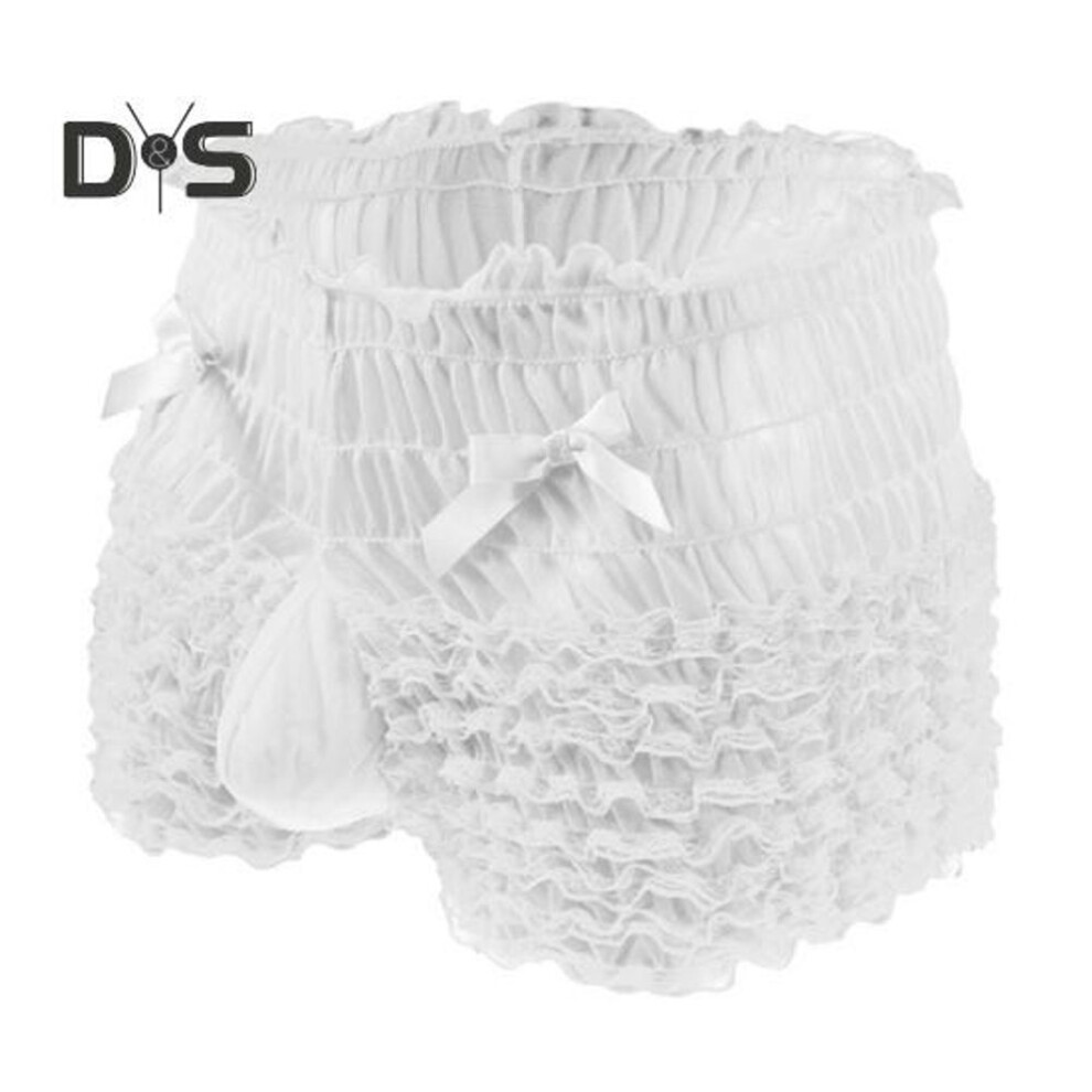 (white) Men Sexy High Waist Underwear Mesh Lace Shorts Panties with Bowknot Decor Solid Color High Waist Panties