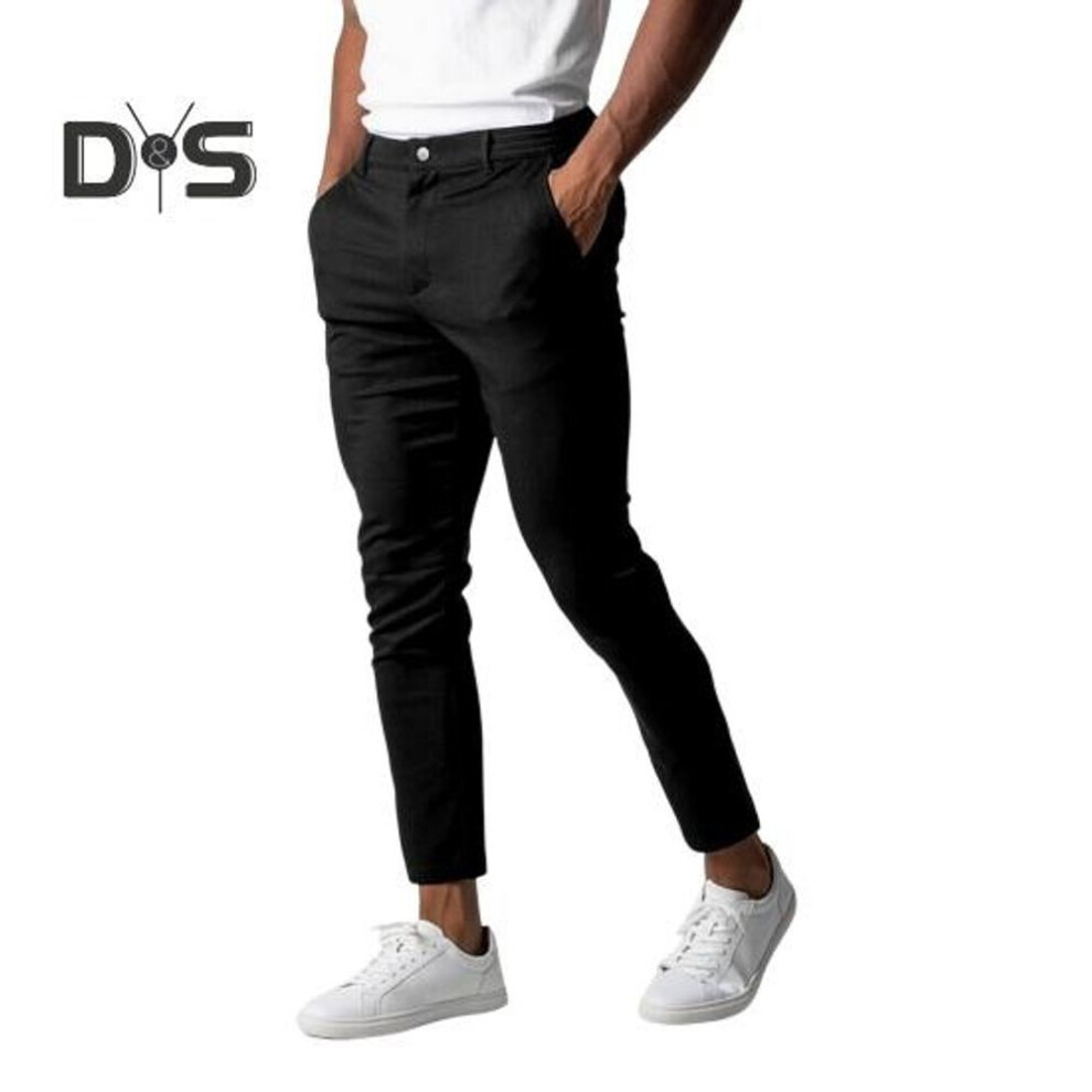 (black, L) Men Pants Elastic Mid Waist Button Zipper Closure Pockets Slim Fit Solid Color Soft Breathable Business Formal Long Trousers