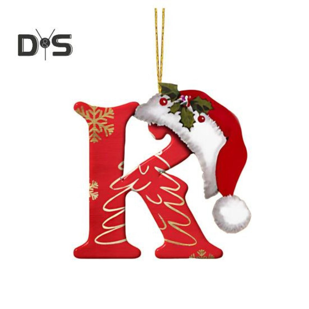 (as the picture, K) 26 Letters Christmas Tree Ornaments Xmas Alphabet Letters with Santa Hat Pendant Acrylic Hanging Decoration for Home Office Car Decor
