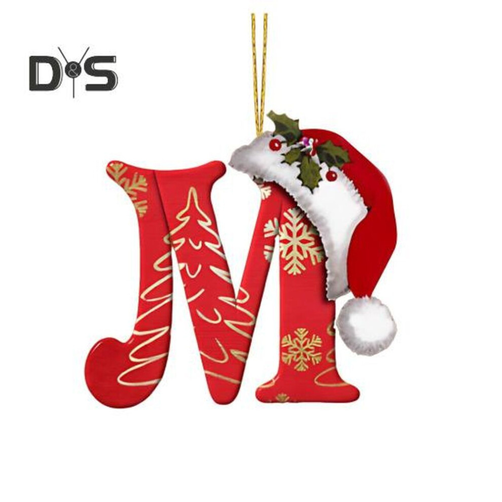 (as the picture, M) 26 Letters Christmas Tree Ornaments Xmas Alphabet Letters with Santa Hat Pendant Acrylic Hanging Decoration for Home Office Car Decor