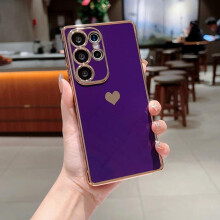 (dark purple, Samsung A34 5G) Solid Color Love Heart Print Slim Case For Samsung Galaxy S25 Ultra S24 FE S23 S22 S21 A16 A55 A15 A35 A25 A14 Plating TPU Soft Shockproof Phone Cover