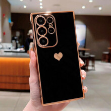 (black, Samsung S25 Ultra) Solid Color Love Heart Print Slim Case For Samsung Galaxy S25 Ultra S24 FE S23 S22 S21 A16 A55 A15 A35 A25 A14 Plating TPU Soft Shockproof Phone Cover