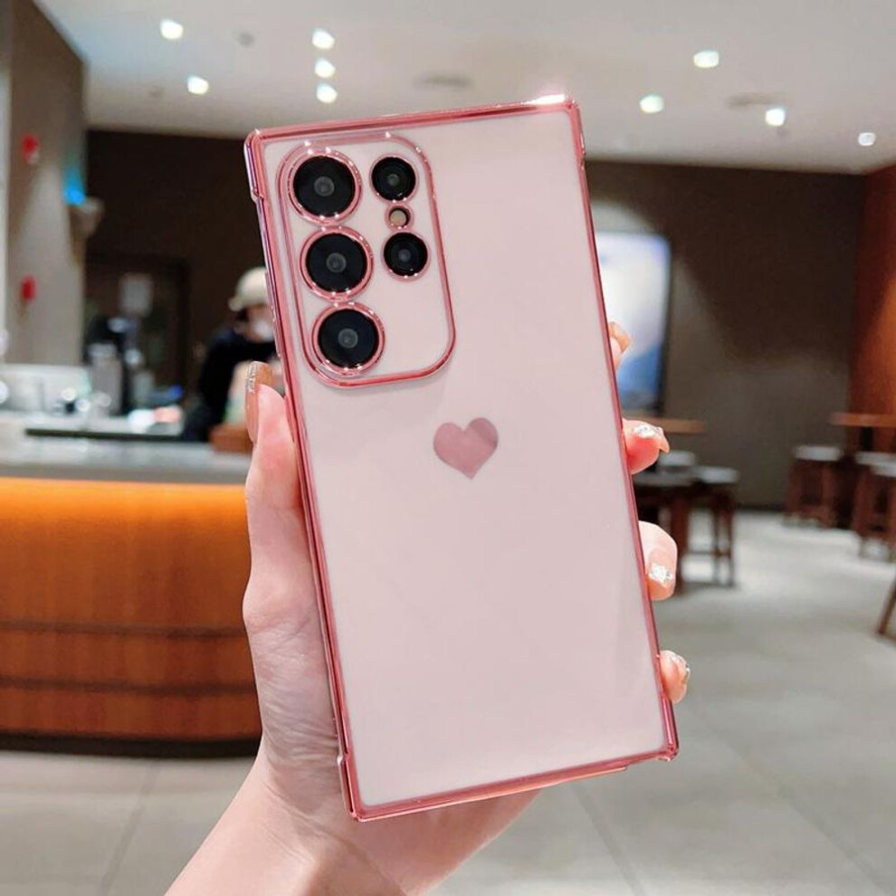 (pink, Samsung S24 FE) Solid Color Love Heart Print Slim Case For Samsung Galaxy S25 Ultra S24 Fe S23 S22 S21 A16 A55 A15 A35 A25 A14 Plating Tpu Soft Shockproof Phone Cover