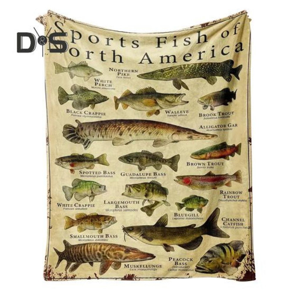 (as the picture, L) Fish Knowledge Blanket Different Digital Fish And Name Printing Machine Washable Fisherman Gift Flannel Bed Sofa Couch Blanket For All Seasons