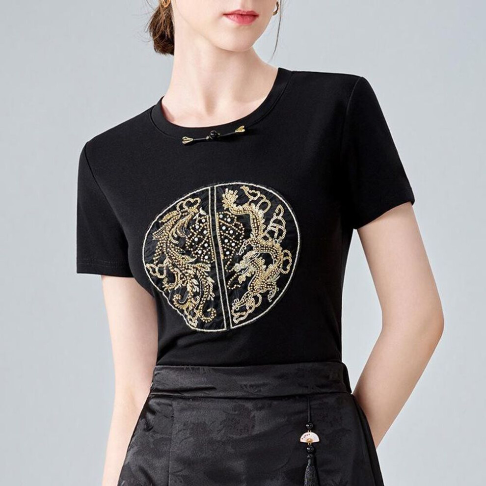 (M, black) Chinese Style Embroidered T-shirt for Women New Women's Retro Round Neck Button Short-sleeved T-shirt for New Chinese Waist Top