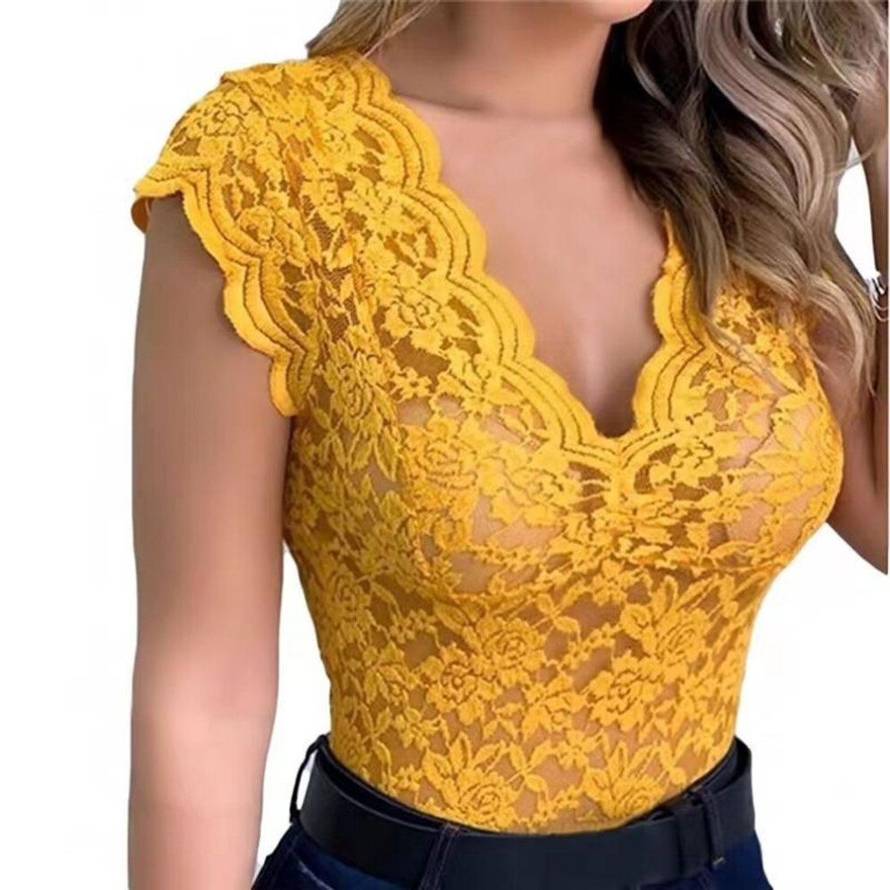 (L, yellow) Women Tops Summer Sexy Lace Crochet Cardigan Casual Solid Color Trend Lace Hollow Out Top For Ladies