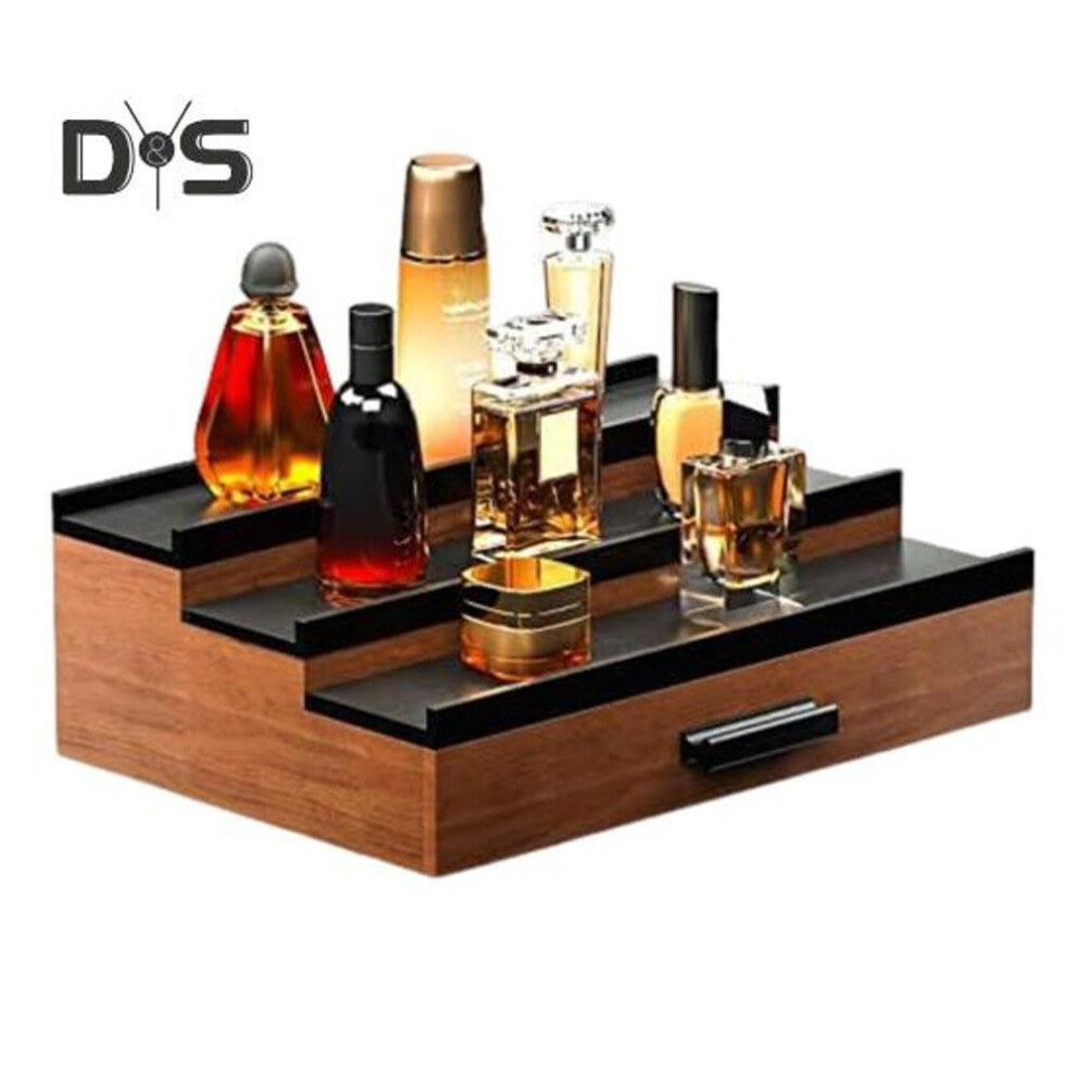 (black) 3 Tiers Wooden Perfume Display Stand with Storage Drawer Large Capacity Desktop Perfume Organizer Storage Box