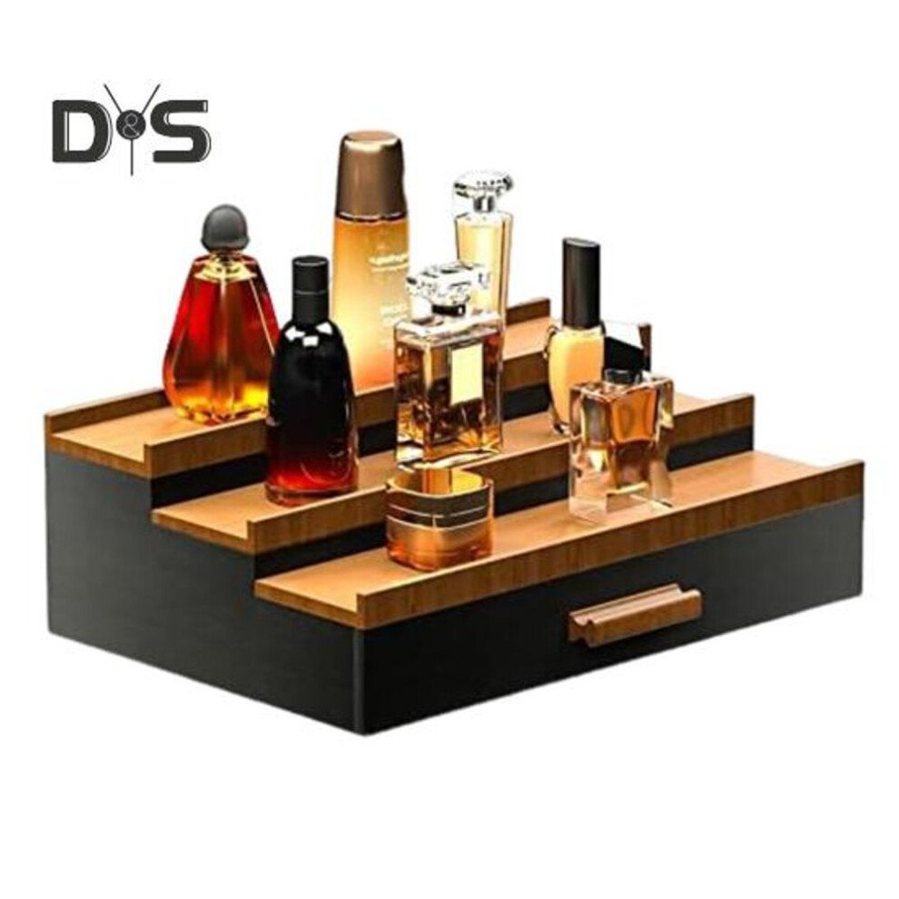 (brown) 3 Tiers Wooden Perfume Display Stand with Storage Drawer Large Capacity Desktop Perfume Organizer Storage Box