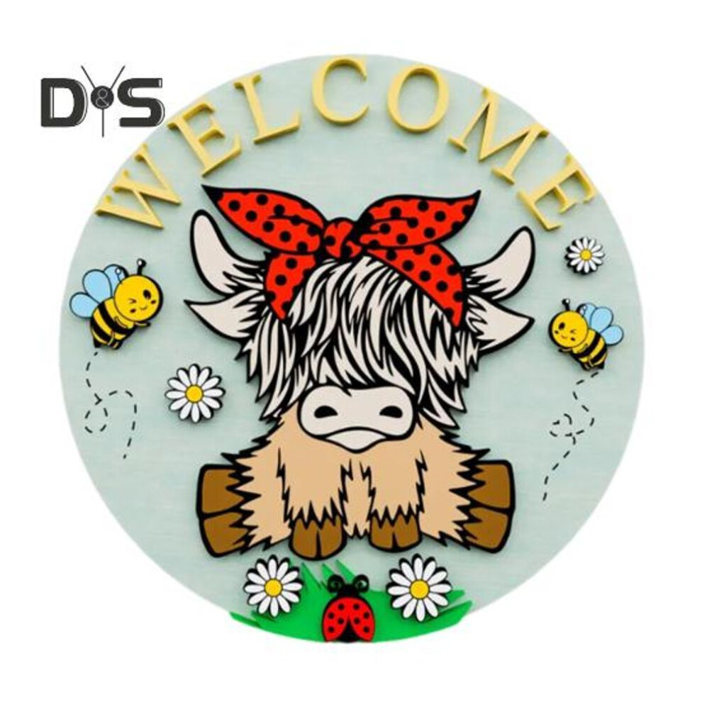 (as the picture, B) Highland Cow Welcome Sign Wooden Cartoon Bee And Highland Cow Sign Rustic Wall Art Sign For Home Front Porch Door Farmhouse Spring Decor