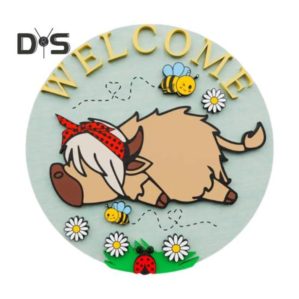 (as the picture, C) Highland Cow Welcome Sign Wooden Cartoon Bee And Highland Cow Sign Rustic Wall Art Sign for Home Front Porch Door Farmhouse Spring Decor