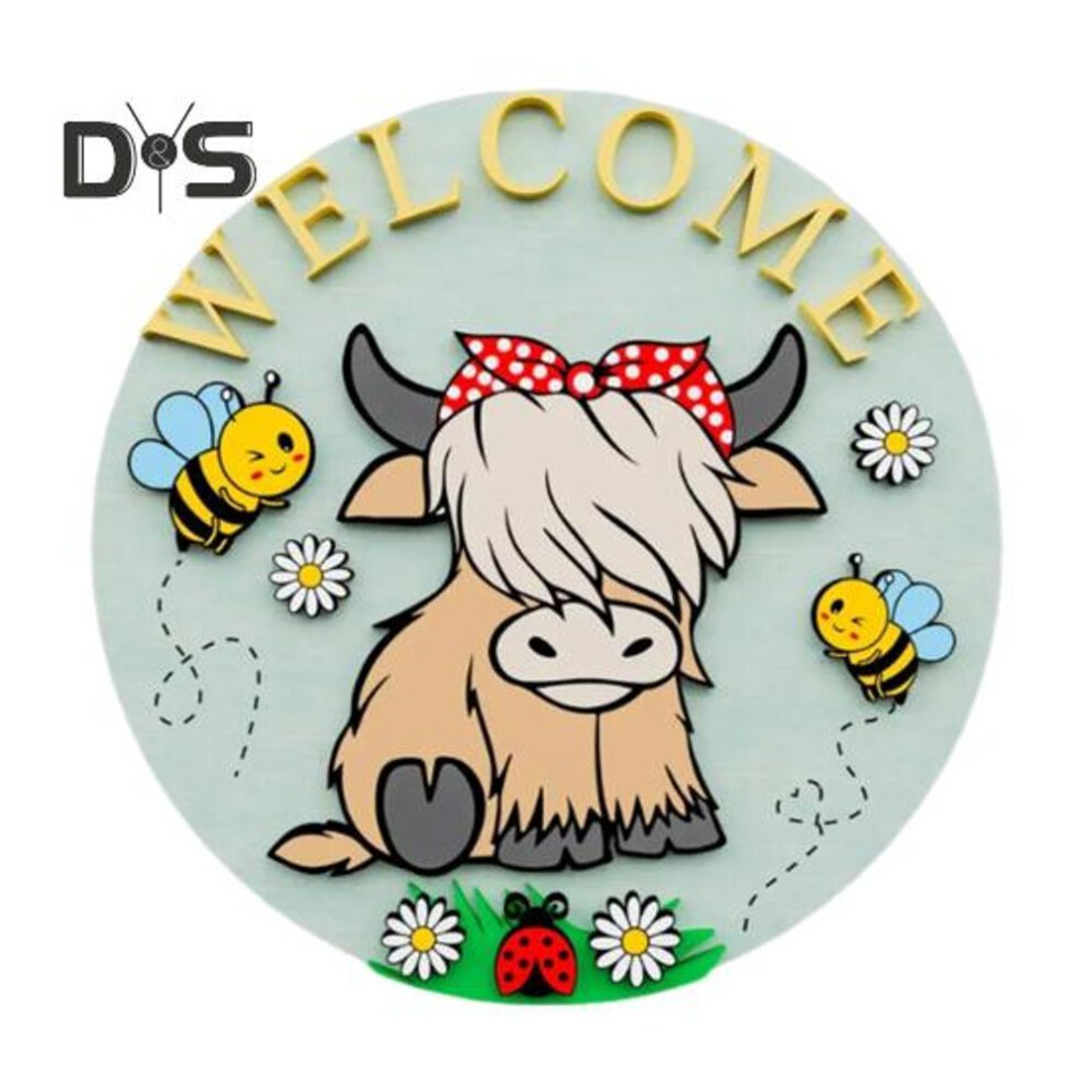 (as the picture, A) Highland Cow Welcome Sign Wooden Cartoon Bee And Highland Cow Sign Rustic Wall Art Sign for Home Front Porch Door Farmhouse Spring Decor