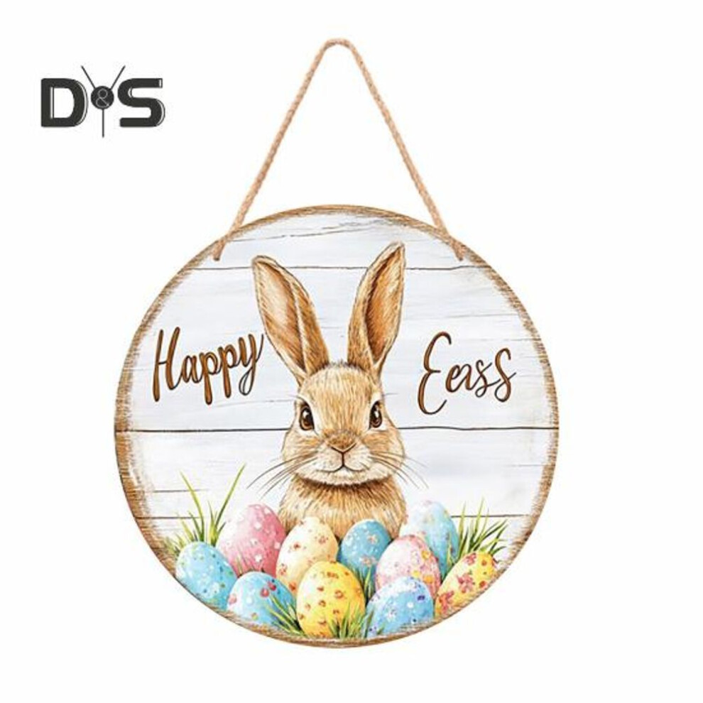 (as the picture, 30cm D) Easter Wooden Welcome Door Sign Bunny Ear Colorful Egg Door Hanging Sign Front Door Hanger Decoration Decorative Wall Plaque